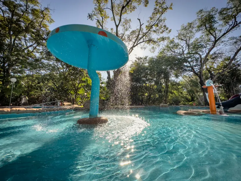 Piscina termal do Parque das Águas Quentes com o cogumelo azul que despeja água quente, cercada por árvores